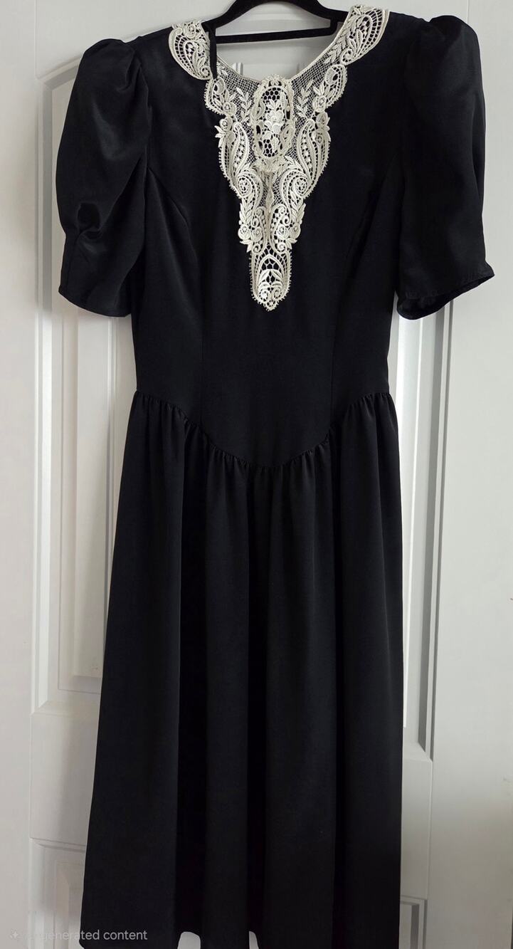 Vtg 80s Gunne Sax Jessica McClintock Black Dress Lace Collar Basque Midi XS 3 5